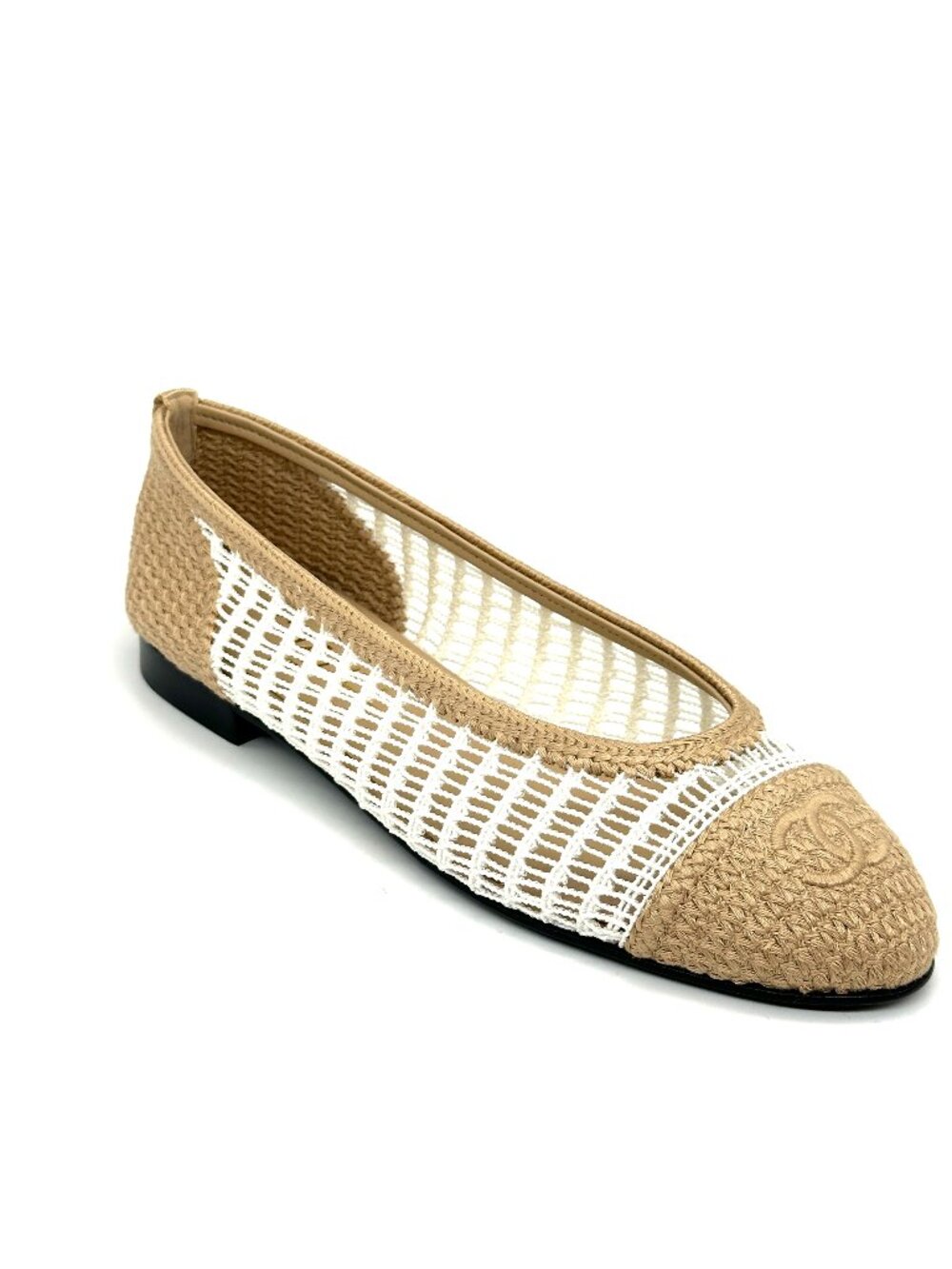 CHANEL REV CC Raffia Crochet Woven Two Tone Cap Toe Ballerina Ballet Flats - Picture 8 of 14
